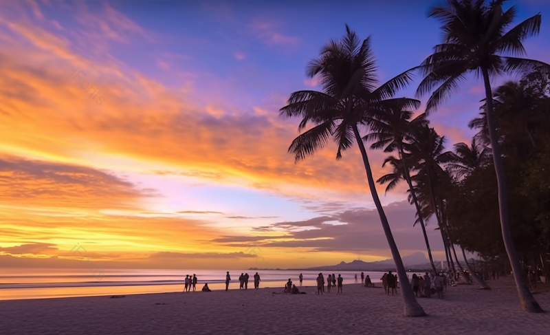 夕阳海边椰树人群风景摄影,高清,摄影图,摄影图片,图片大全,摄影图免费下载